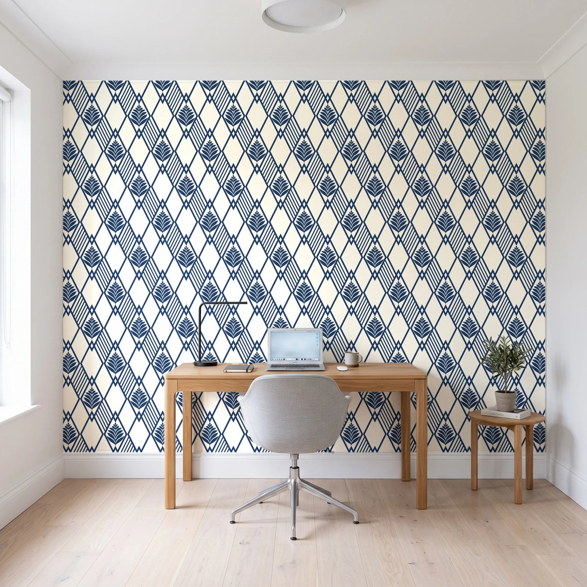 Floral Fantasia Ivory diamond lattice wallpaper behind a modern oak desk in a bright home office
