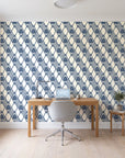 Floral Fantasia Ivory diamond lattice wallpaper behind a modern oak desk in a bright home office