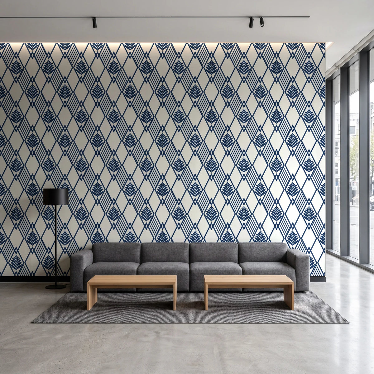 Floral Fantasia Ivory diamond lattice wallpaper in a contemporary commercial office lobby