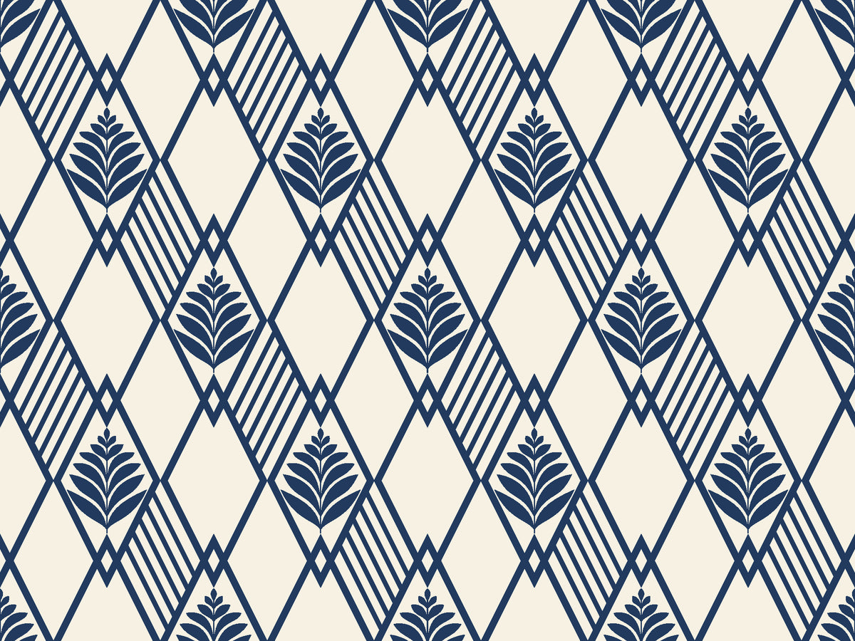 Floral Fantasia Ivory diamond lattice wallpaper in ivory and navy