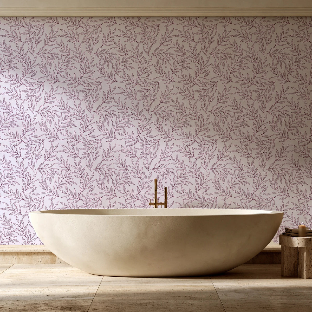 Forest Leaf Mulberry botanical leaf wallpaper creating ambiance in a serene spa bathroom