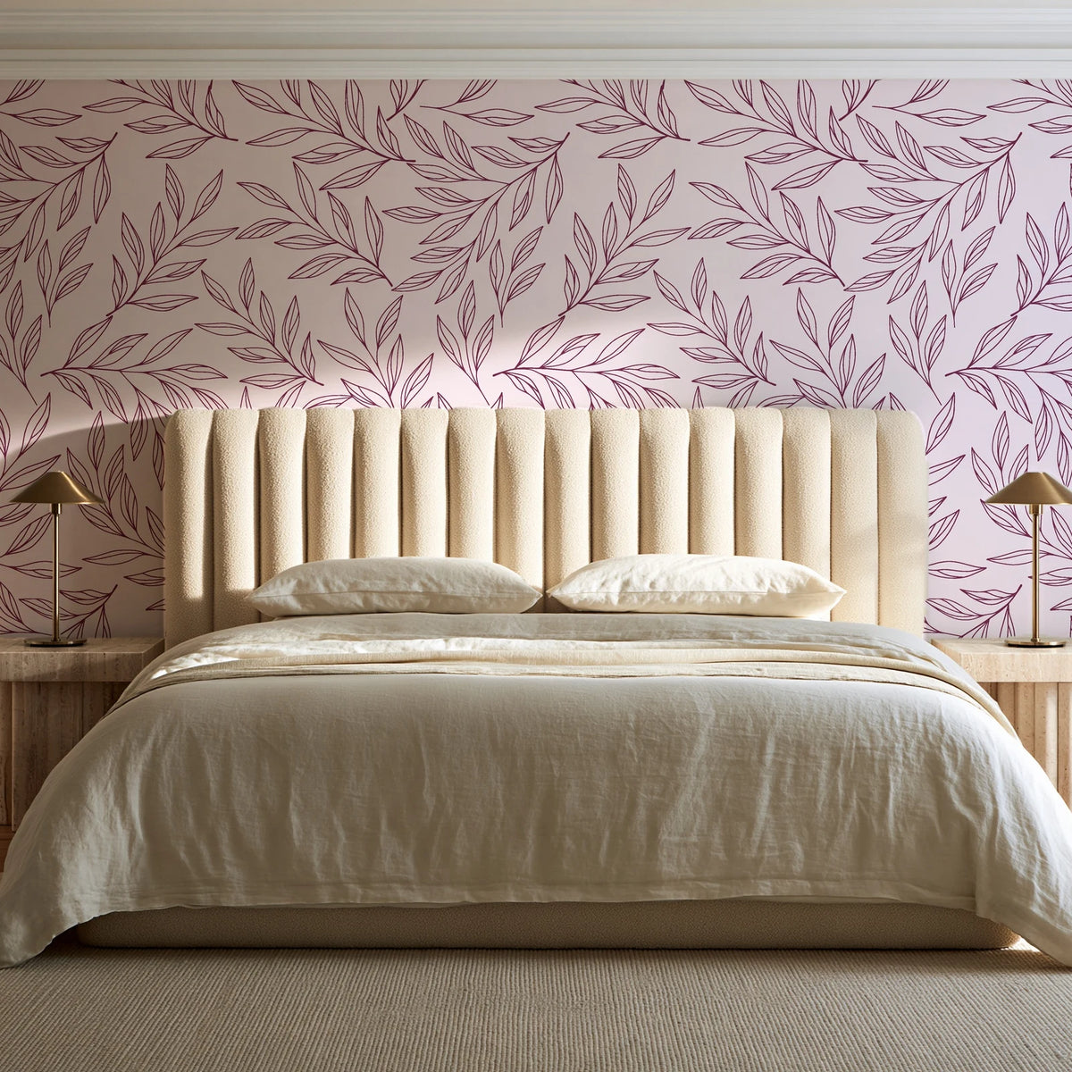 Forest Leaf Mulberry botanical leaf wallpaper behind a channel-tufted bed in a calm primary bedroom