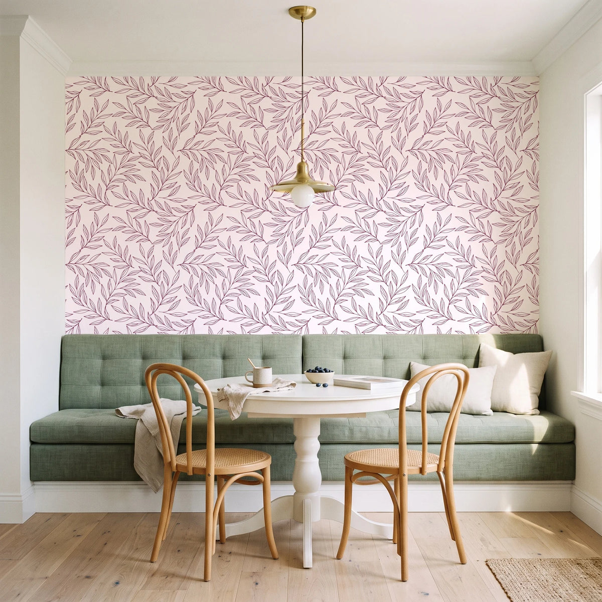Forest Leaf Mulberry botanical leaf wallpaper as a feature wall in a sunlit breakfast nook