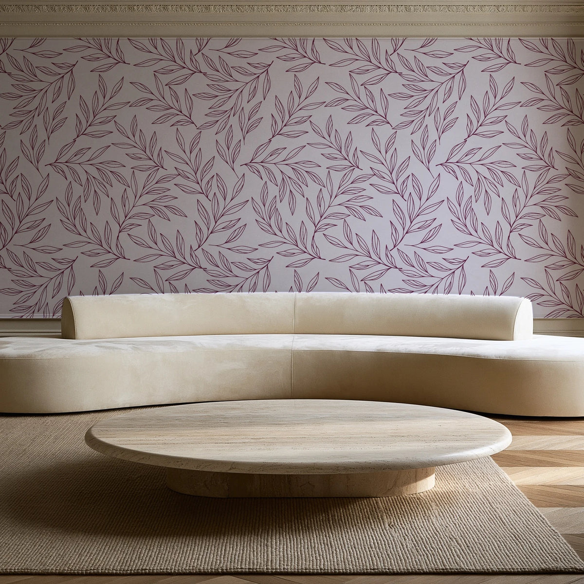 Forest Leaf Mulberry botanical leaf wallpaper in an elegant living room