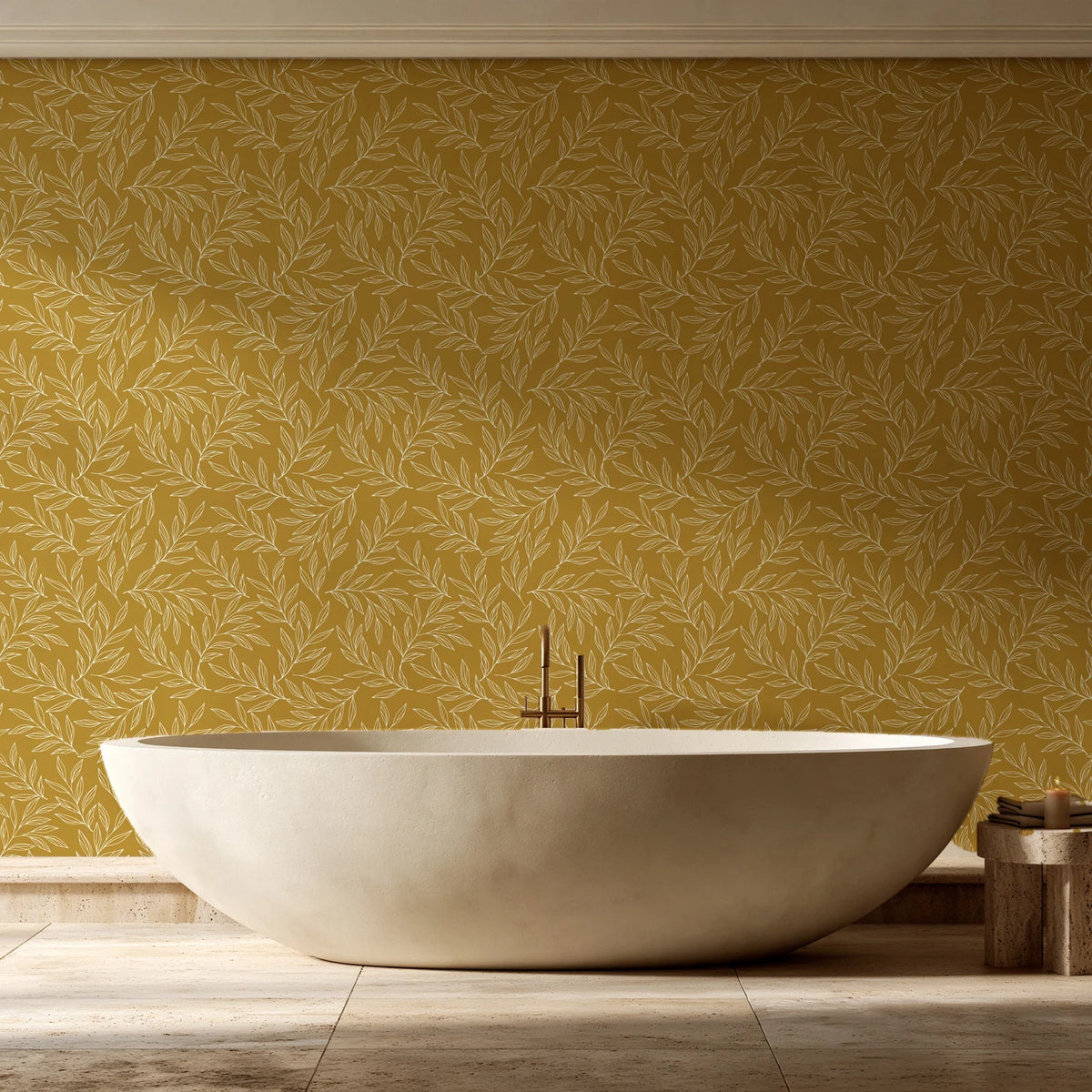 Forest Leaf Ochre botanical leaf wallpaper creating ambiance in a serene spa bathroom