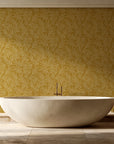 Forest Leaf Ochre botanical leaf wallpaper creating ambiance in a serene spa bathroom