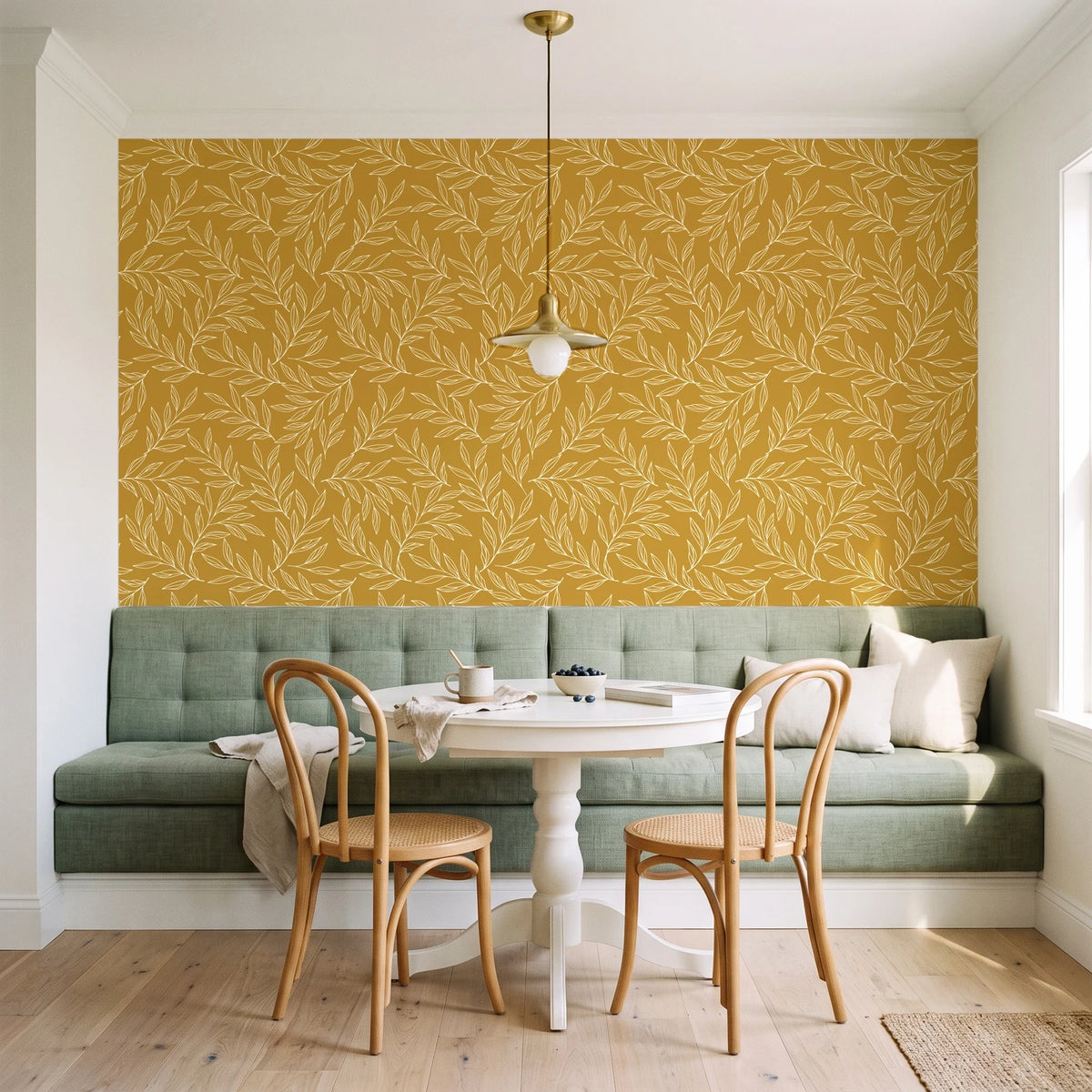 Forest Leaf Ochre botanical leaf wallpaper as a feature wall in a sunlit breakfast nook