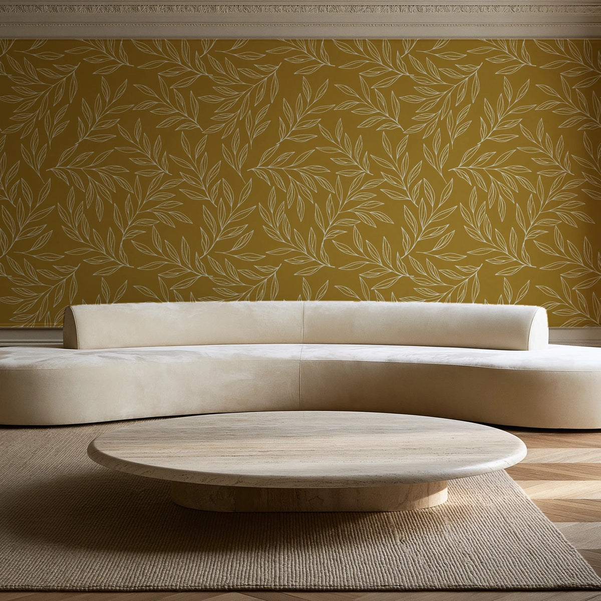 Forest Leaf Ochre botanical leaf wallpaper in an elegant living room