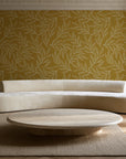 Forest Leaf Ochre botanical leaf wallpaper in an elegant living room