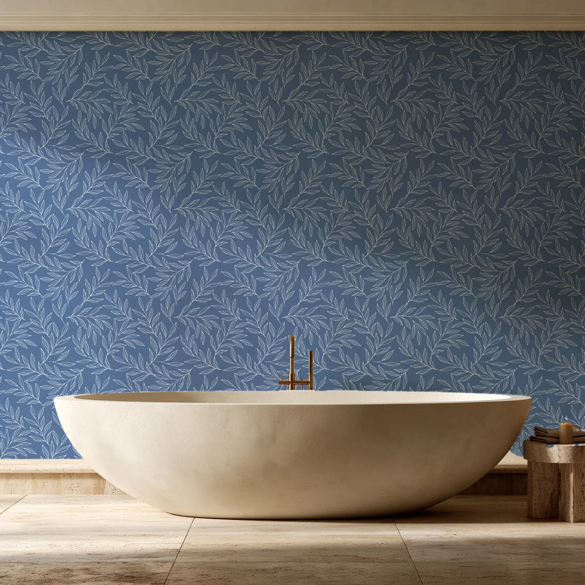 Forest Leaf Slate Blue botanical leaf wallpaper creating ambiance in a serene spa bathroom