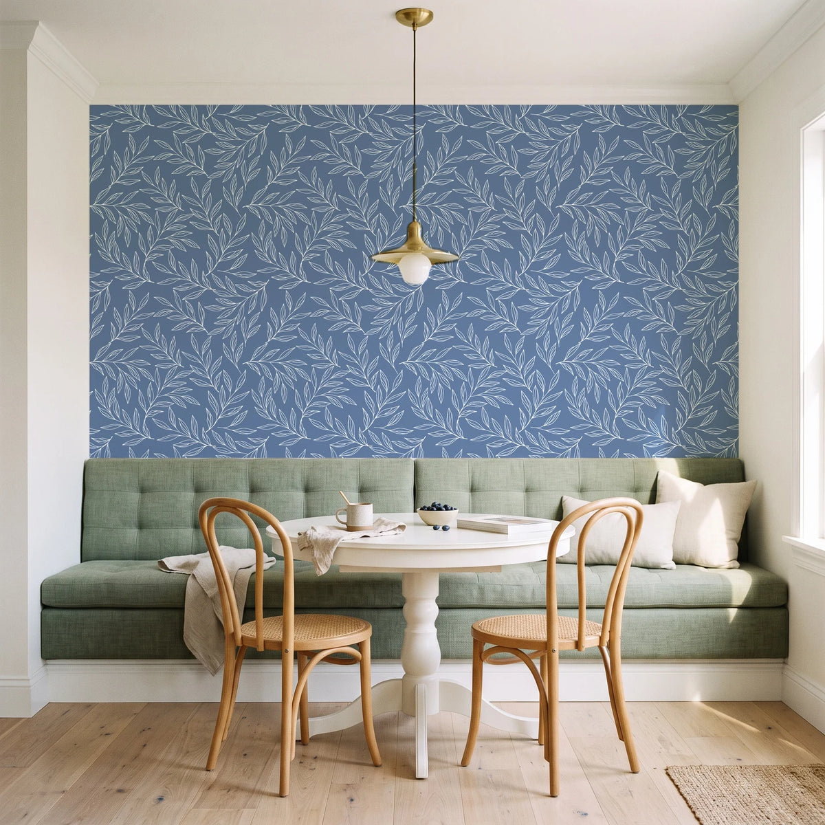 Forest Leaf Slate Blue botanical leaf wallpaper as a feature wall in a sunlit breakfast nook