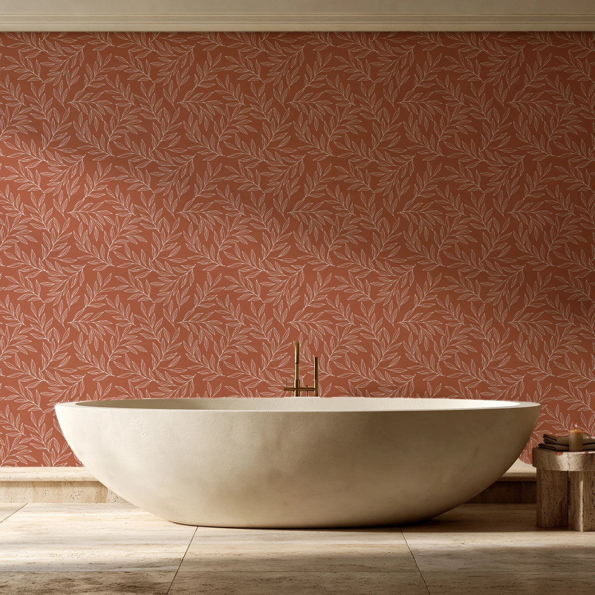 Forest Leaf Terracotta botanical leaf wallpaper creating ambiance in a serene spa bathroom