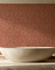 Forest Leaf Terracotta botanical leaf wallpaper creating ambiance in a serene spa bathroom