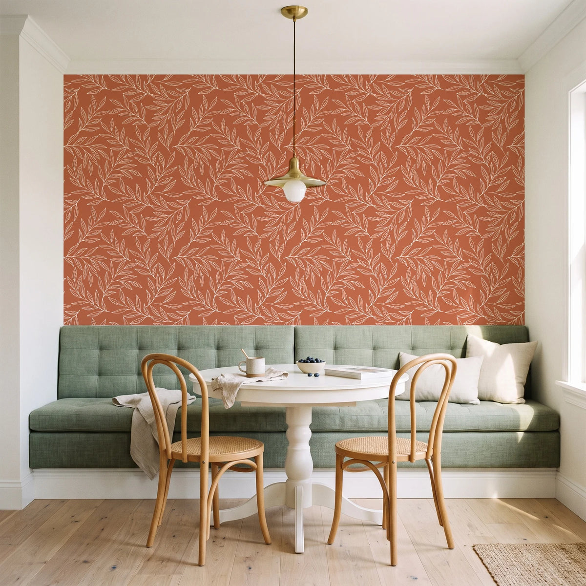 Forest Leaf Terracotta botanical leaf wallpaper as a feature wall in a sunlit breakfast nook