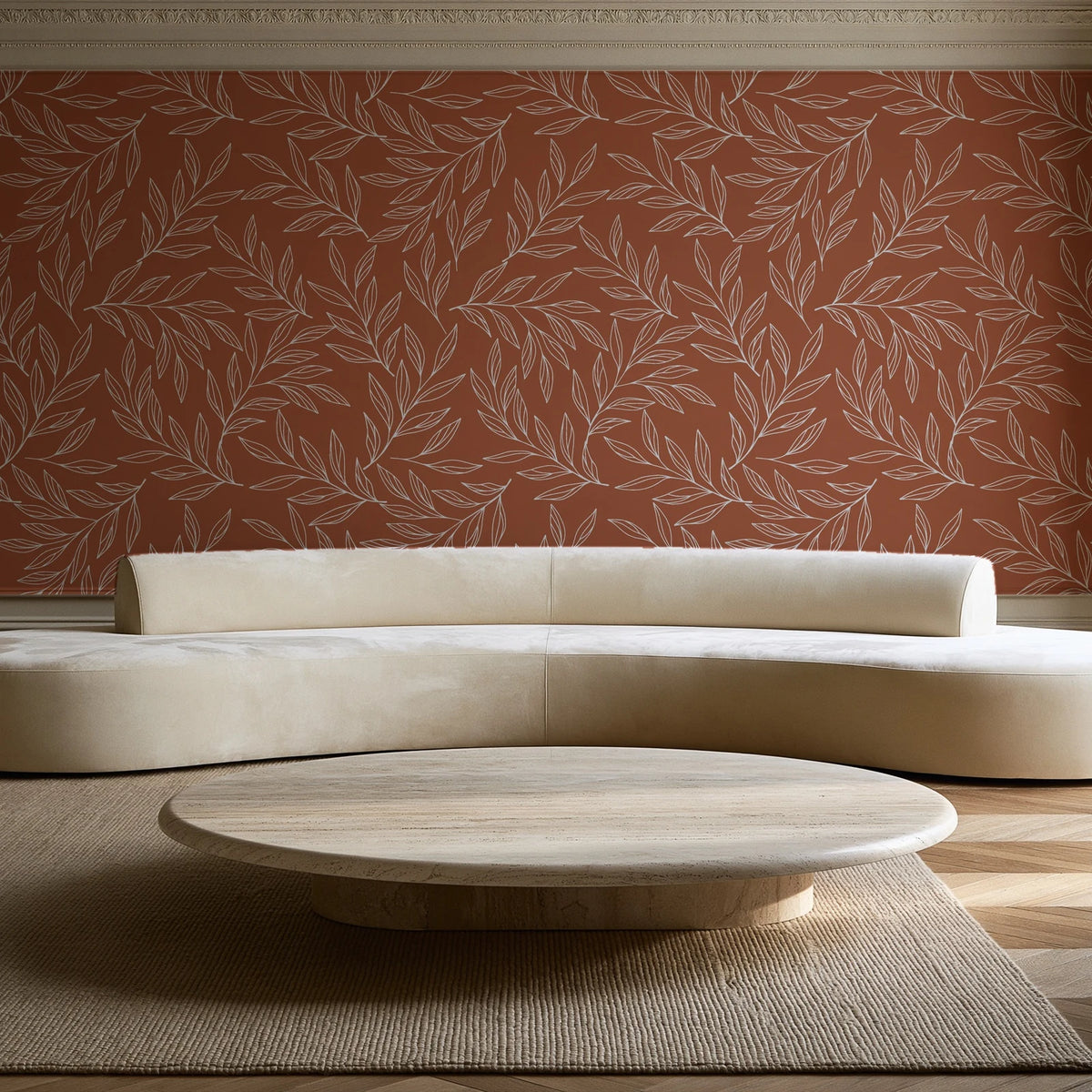 Forest Leaf Terracotta botanical leaf wallpaper in an elegant living room
