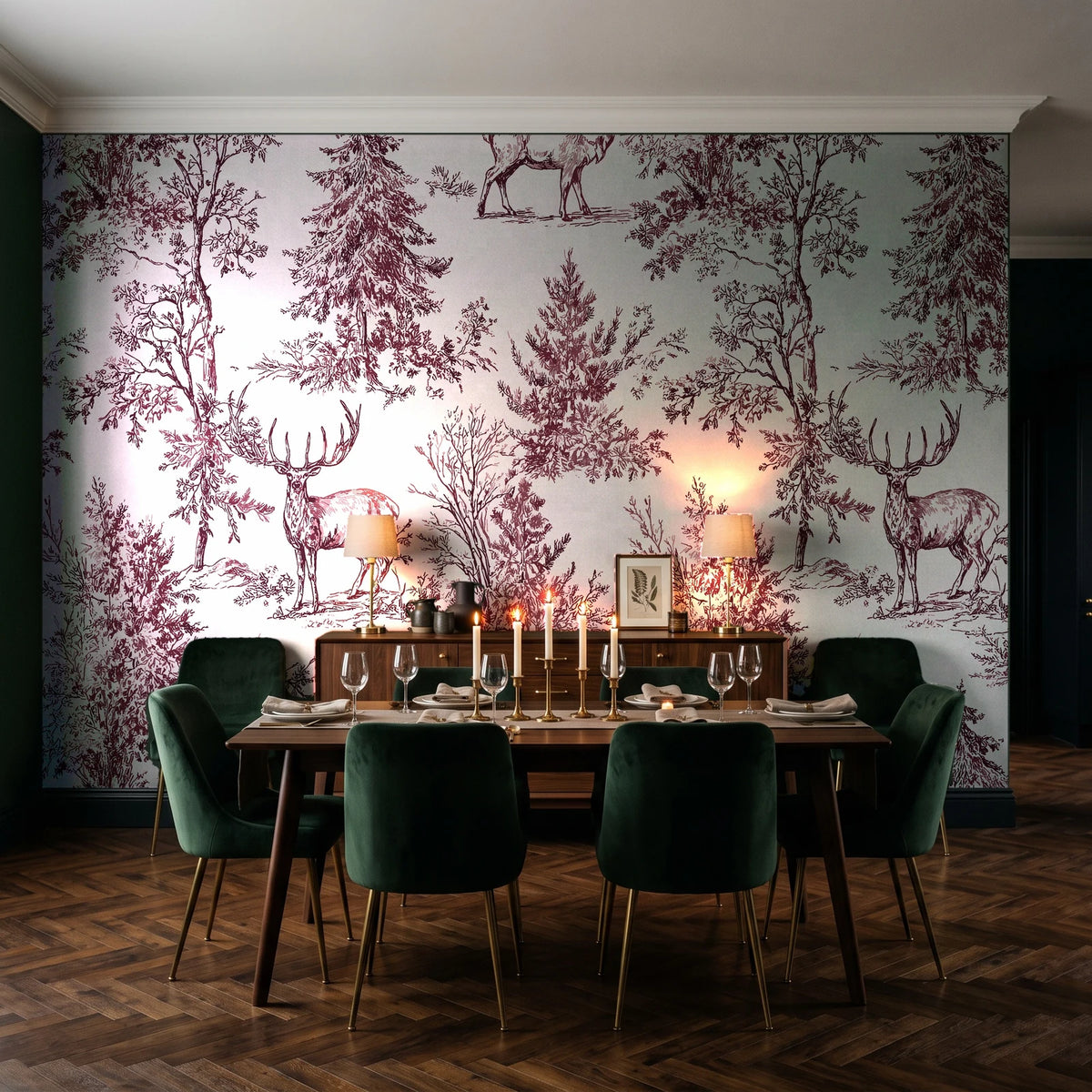 Frost & Fable Burgundy woodland toile wallpaper in a dark moody dining room with a candlelit table