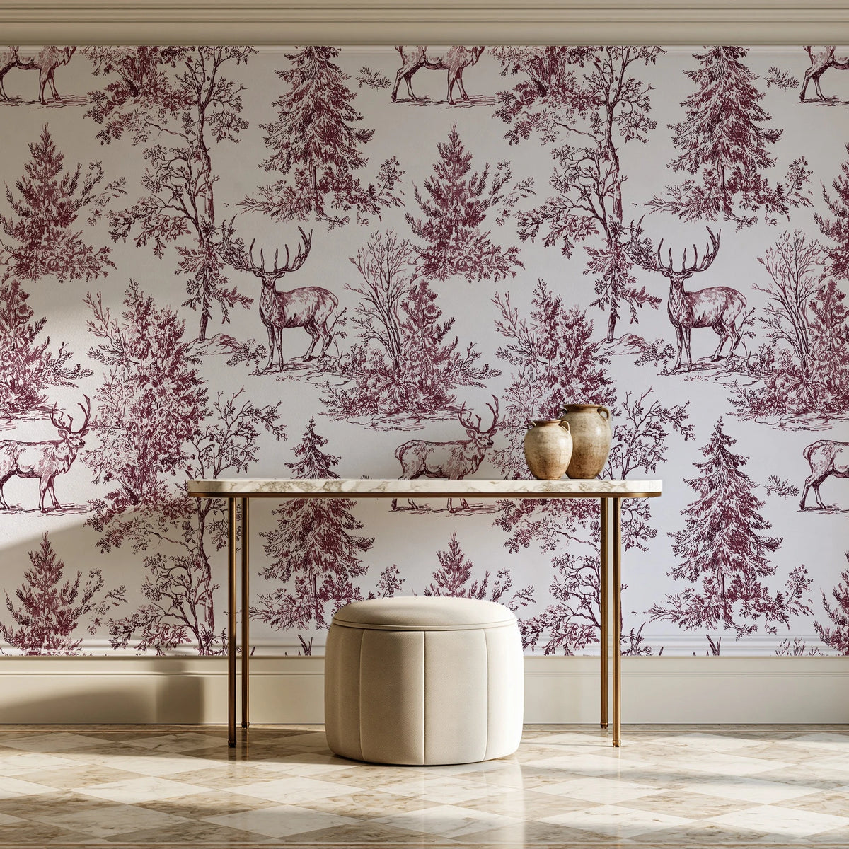 Frost & Fable Burgundy woodland toile wallpaper on the wall of a grand entry foyer