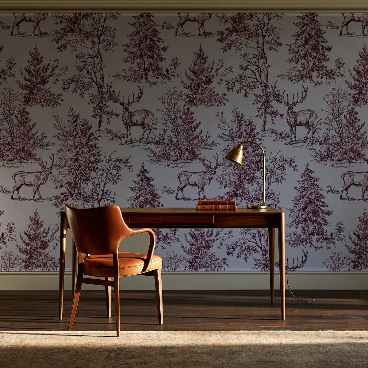 Frost & Fable Burgundy woodland toile wallpaper as a feature wall in a home study