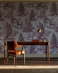 Frost & Fable Burgundy woodland toile wallpaper as a feature wall in a home study
