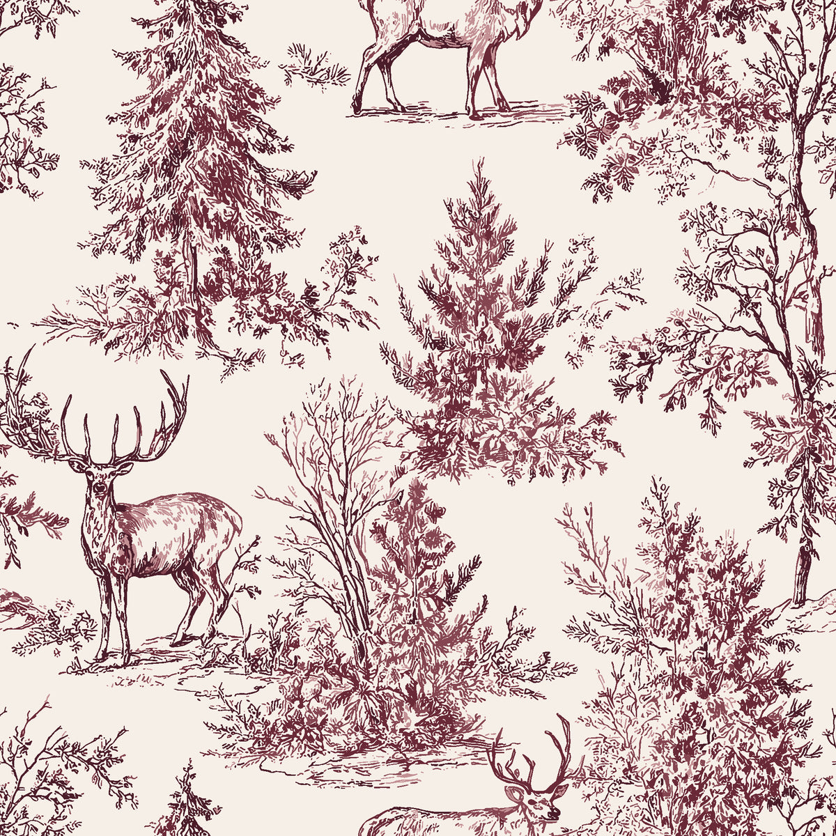 Frost & Fable Burgundy woodland toile wallpaper in burgundy and blush