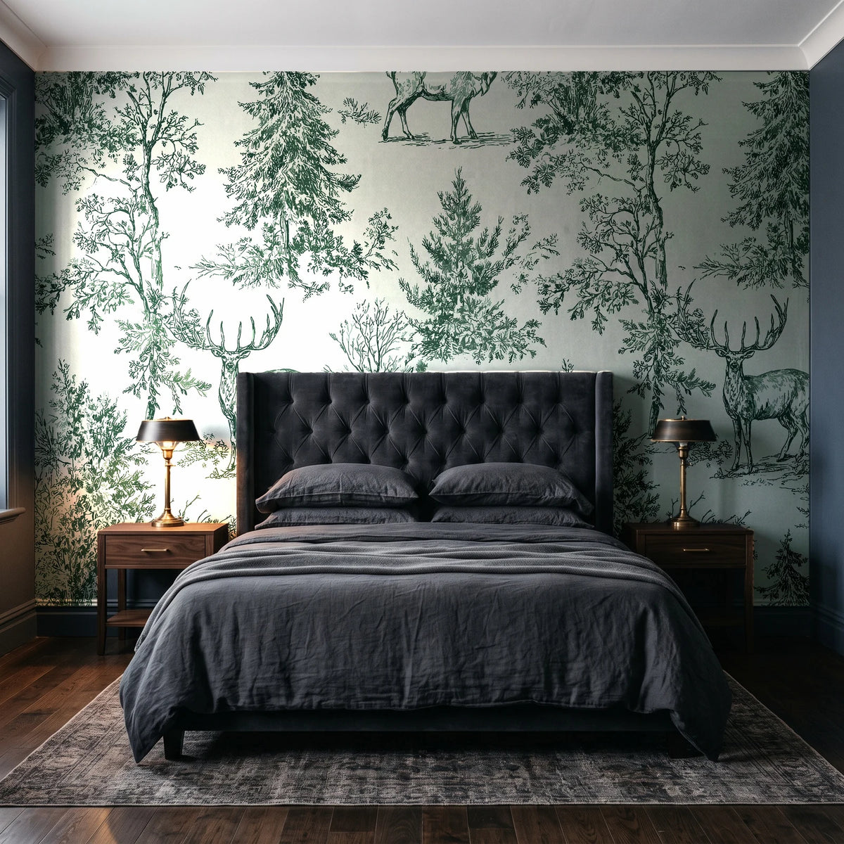 Frost & Fable Forest woodland toile wallpaper behind a tufted headboard in a dark, moody bedroom