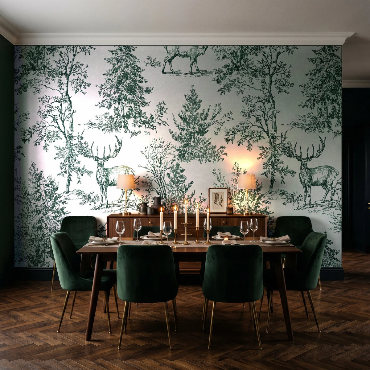 Frost & Fable Forest woodland toile wallpaper in a dark moody dining room with a candlelit table