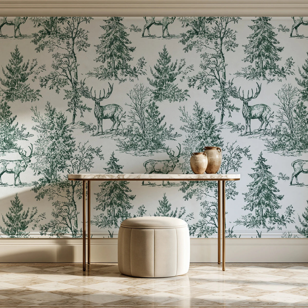 Frost & Fable Forest woodland toile wallpaper on the wall of a grand entry foyer