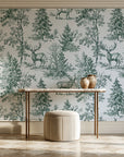 Frost & Fable Forest woodland toile wallpaper on the wall of a grand entry foyer