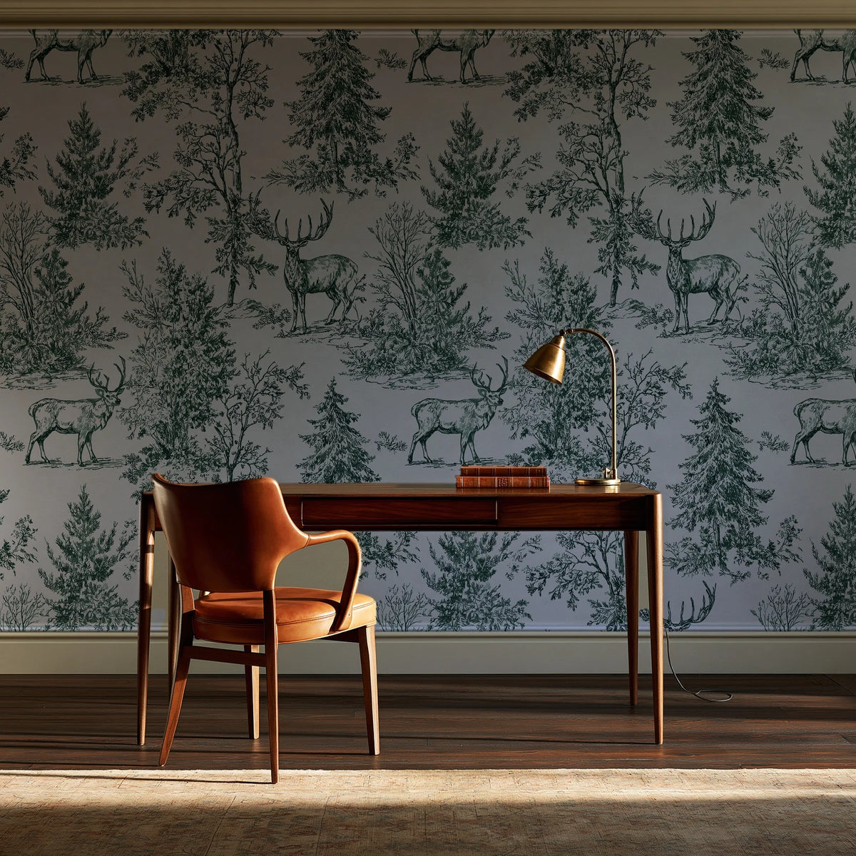 Frost & Fable Forest woodland toile wallpaper as a feature wall in a home study