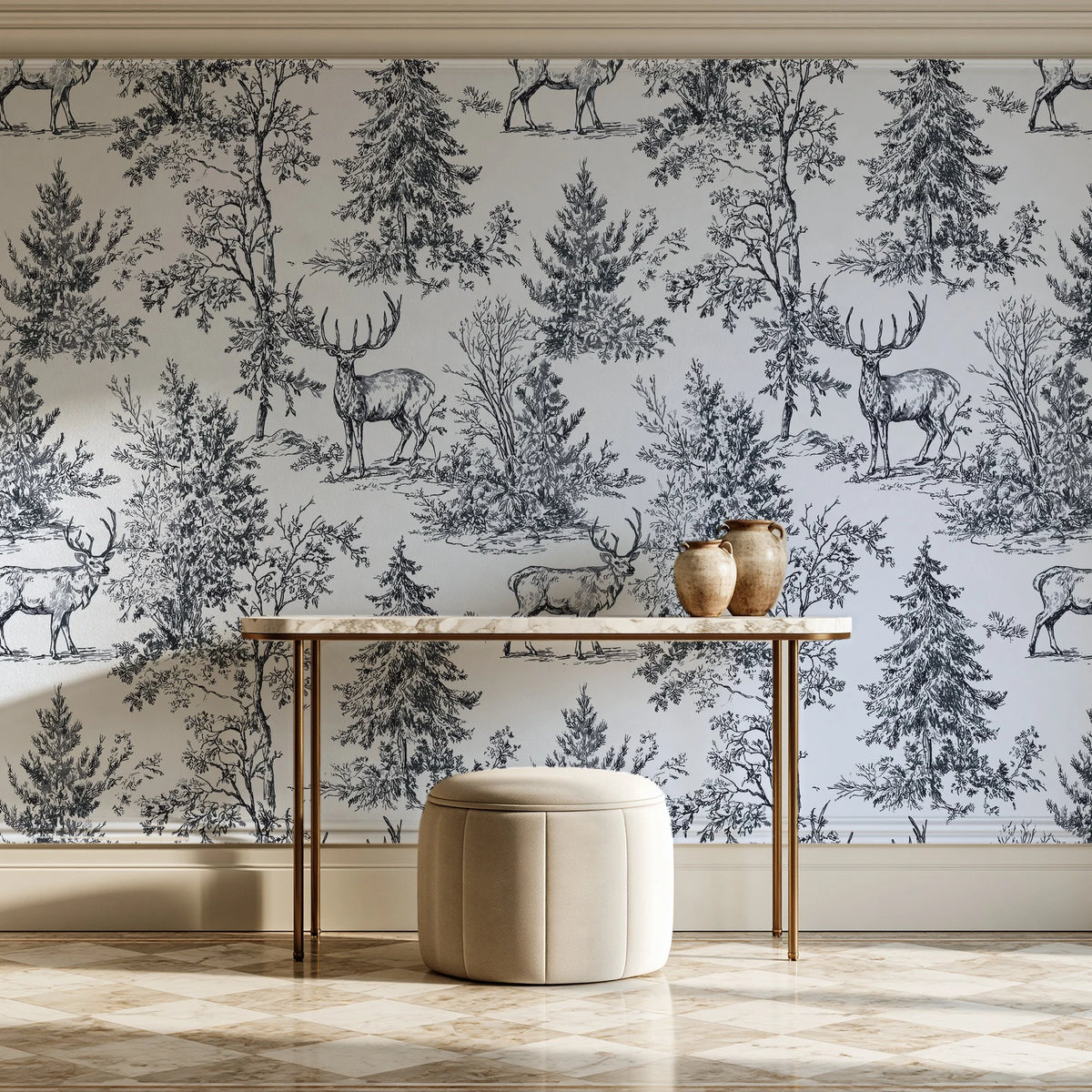 Frost & Fable Graphite woodland toile wallpaper on the wall of a grand entry foyer