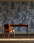 Frost & Fable Graphite woodland toile wallpaper as a feature wall in a home study