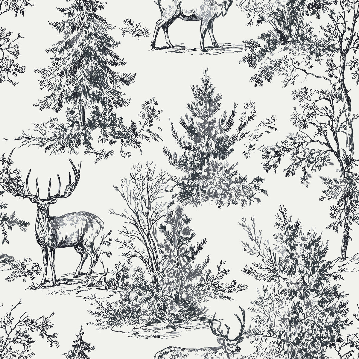 Frost & Fable Graphite woodland toile wallpaper in graphite and pearl