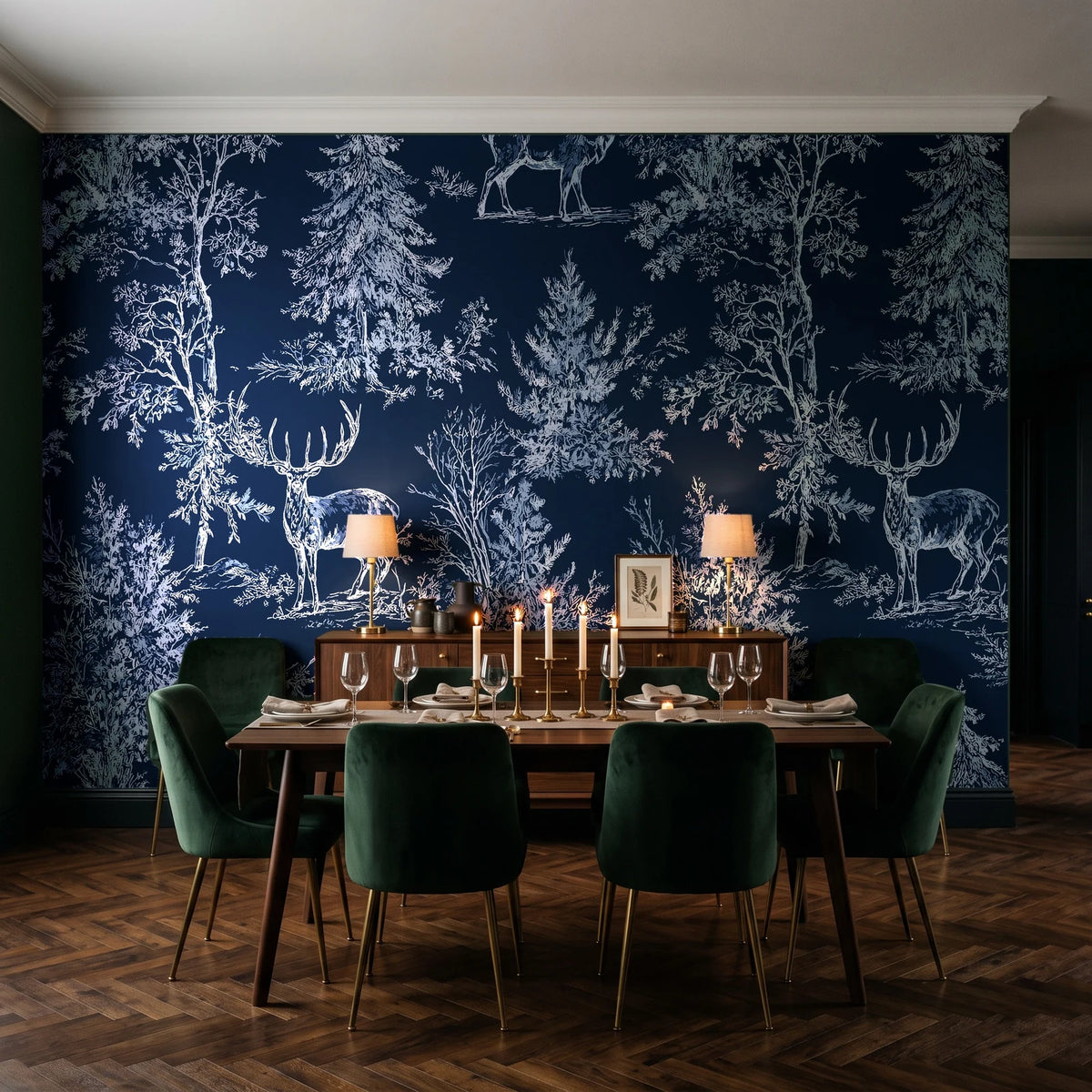 Frost & Fable Midnight woodland toile wallpaper in a dark moody dining room with a candlelit table