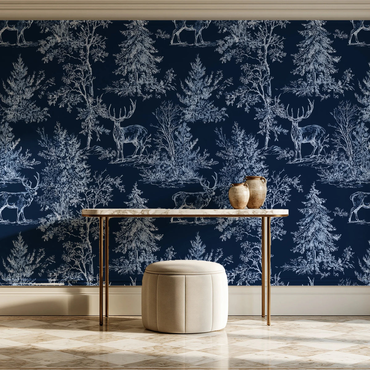 Frost & Fable Midnight woodland toile wallpaper on the wall of a grand entry foyer