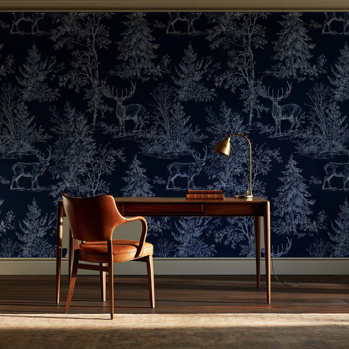 Frost & Fable Midnight woodland toile wallpaper as a feature wall in a home study