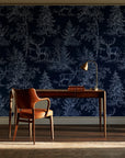 Frost & Fable Midnight woodland toile wallpaper as a feature wall in a home study