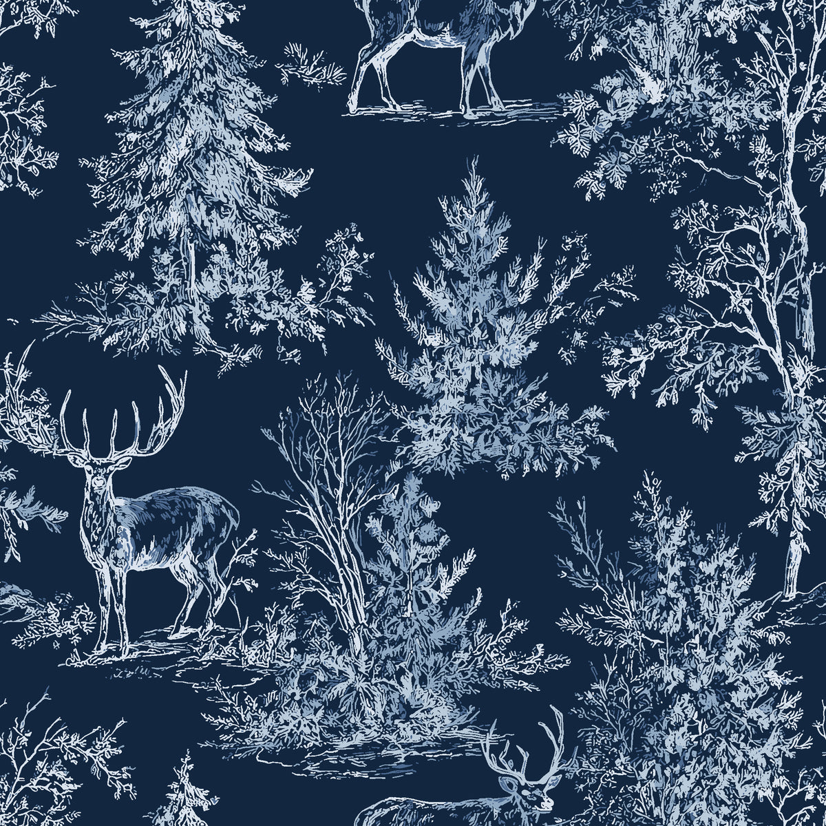 Frost & Fable Midnight woodland toile wallpaper in midnight navy and frost