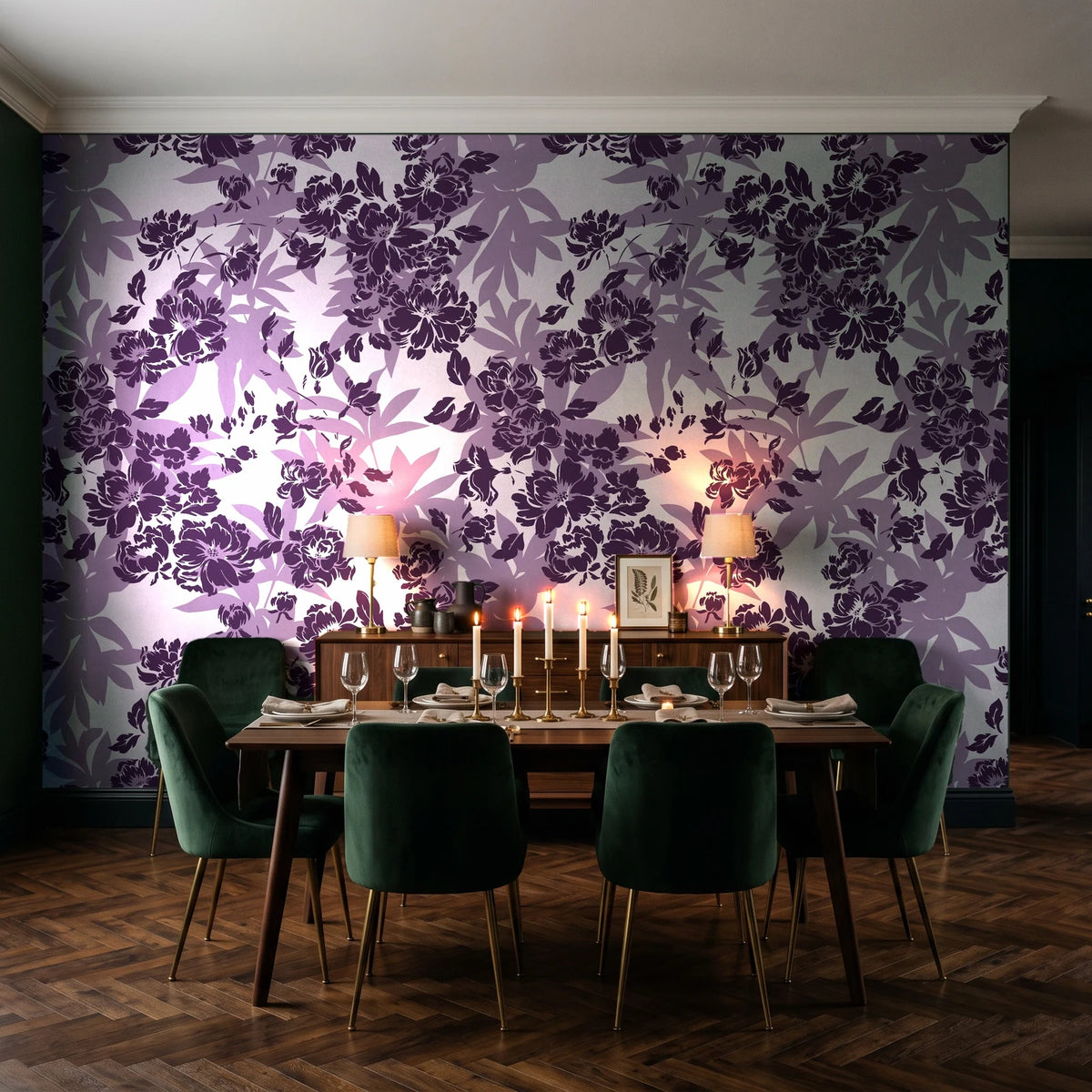 Frost Garden Veil Plum floral wallpaper in a dark moody dining room with a candlelit table