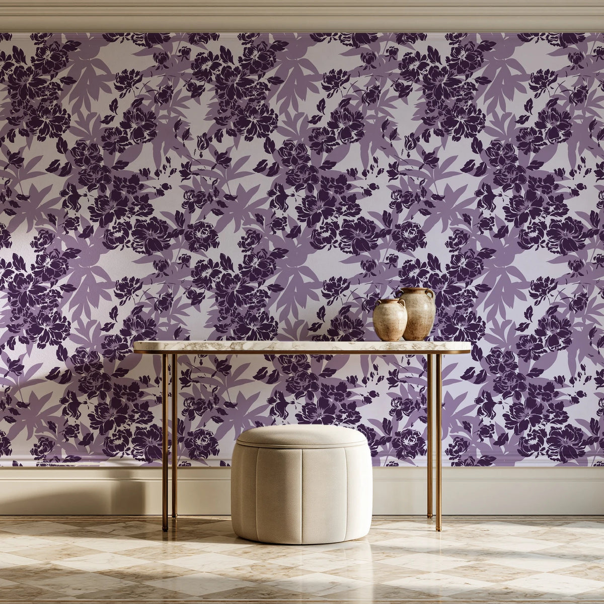 Frost Garden Veil Plum floral wallpaper on the wall of a grand entry foyer