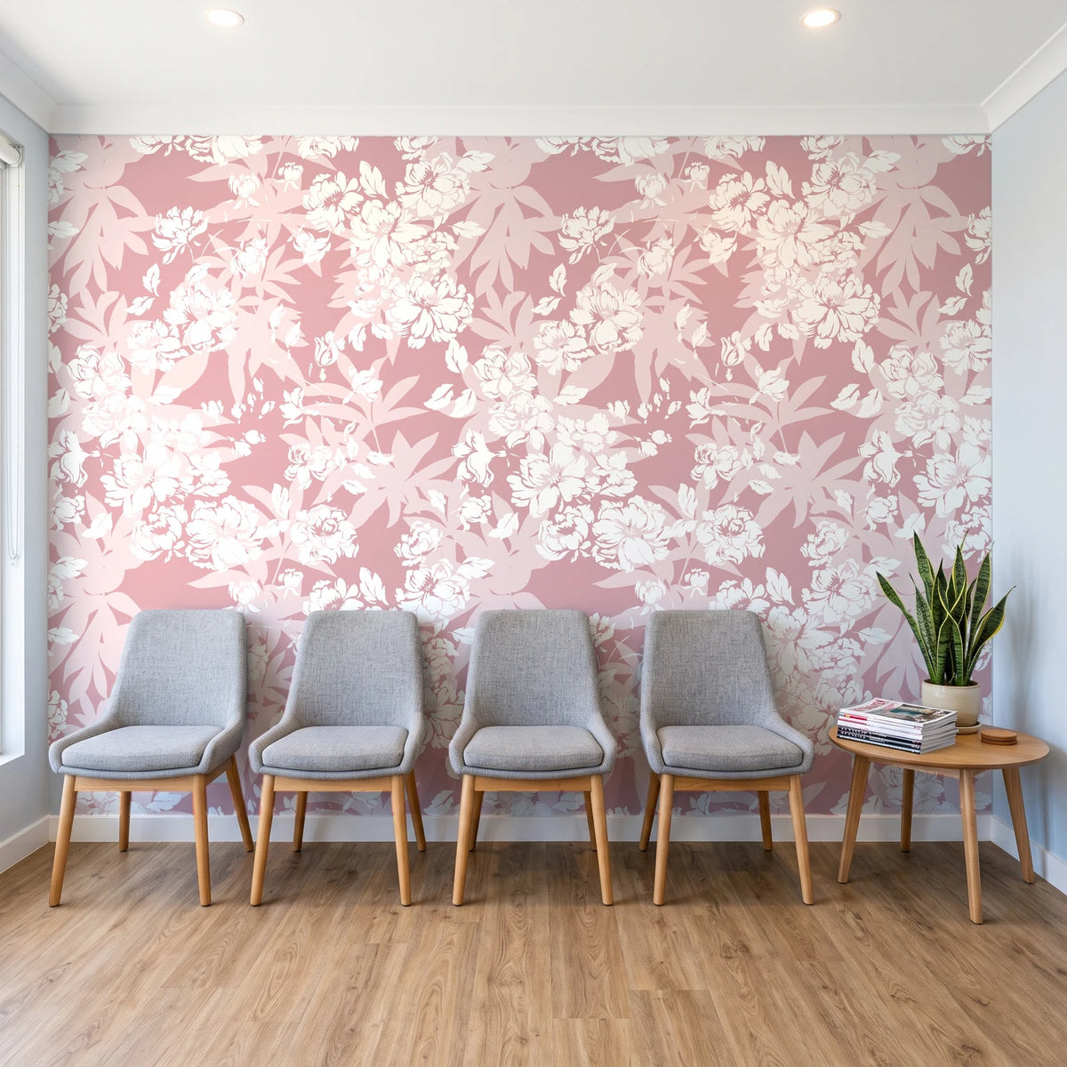 Frost Garden Veil Rose floral wallpaper behind a row of upholstered chairs in a bright clinic waiting room