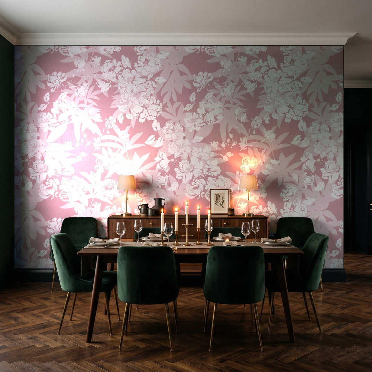 Frost Garden Veil Rose floral wallpaper in a dark moody dining room with a candlelit table