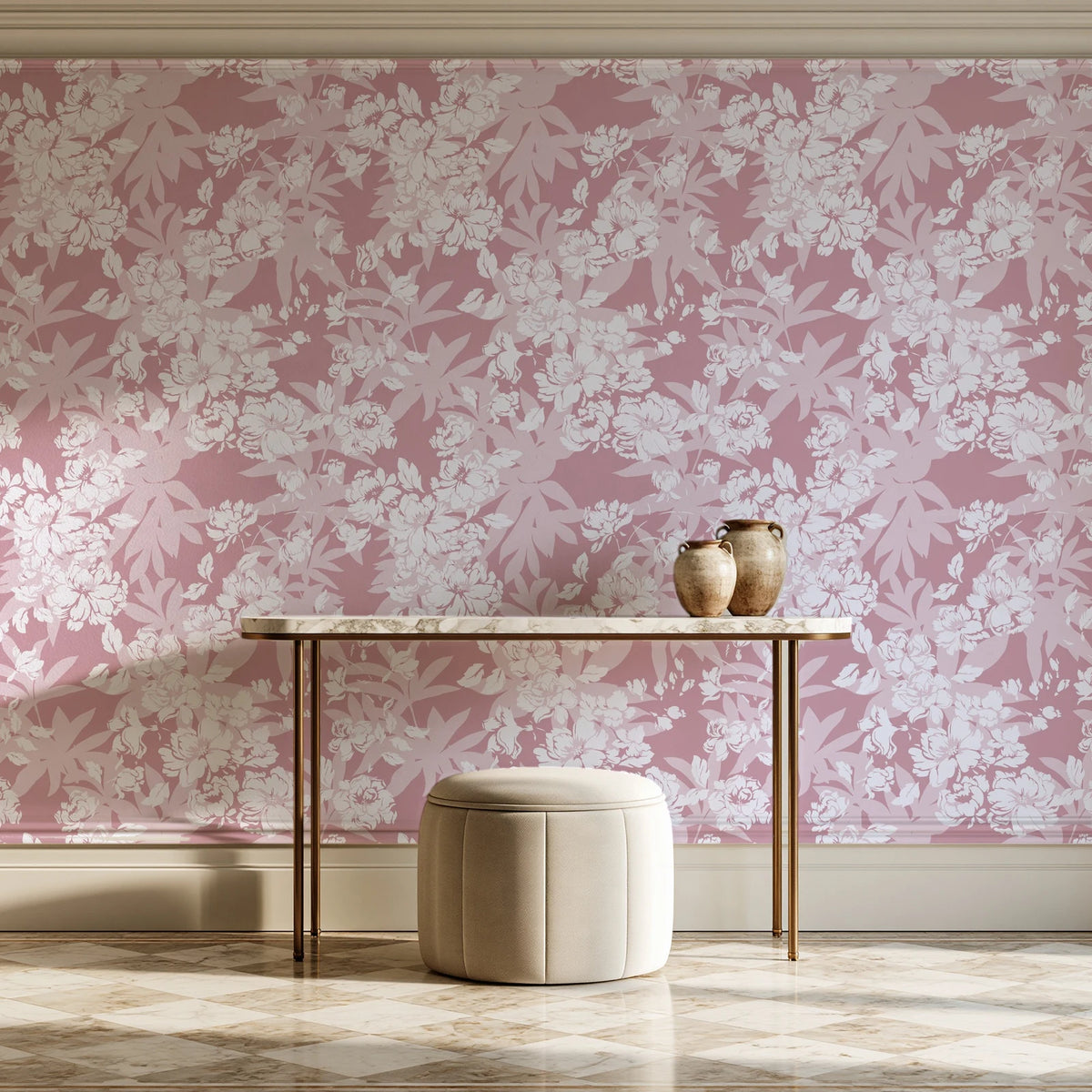 Frost Garden Veil Rose floral wallpaper on the wall of a grand entry foyer