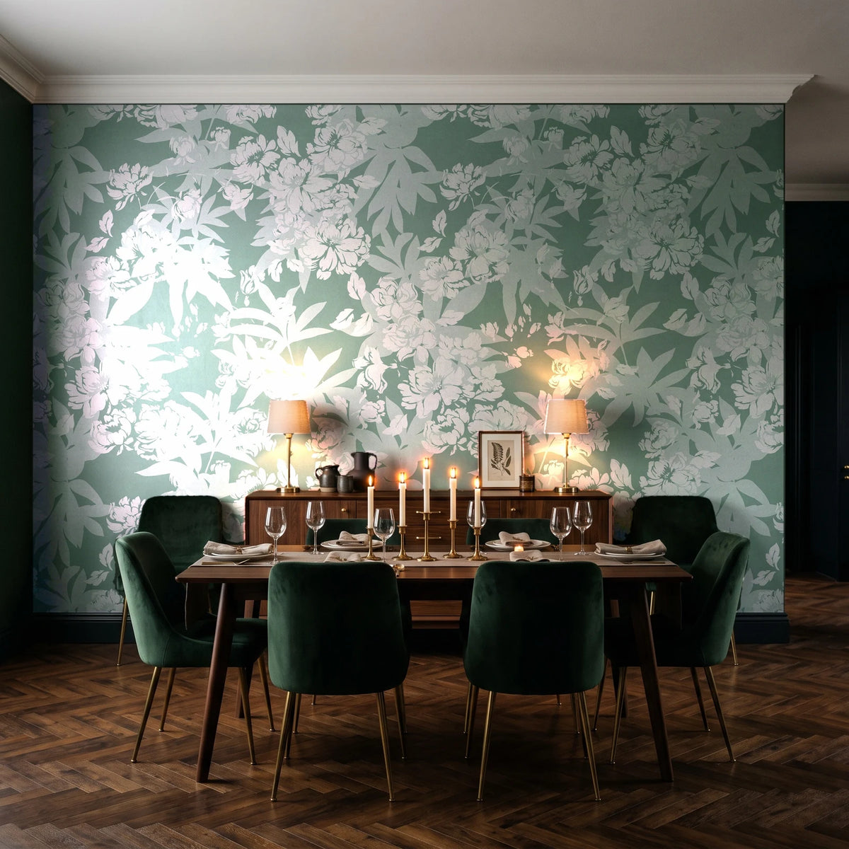 Frost Garden Veil Sage floral wallpaper in a dark moody dining room with a candlelit table