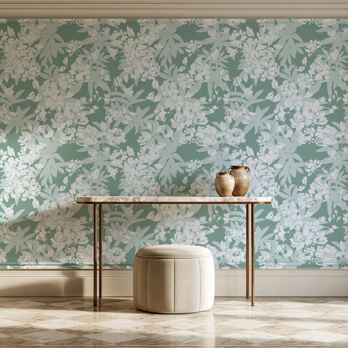 Frost Garden Veil Sage floral wallpaper on the wall of a grand entry foyer