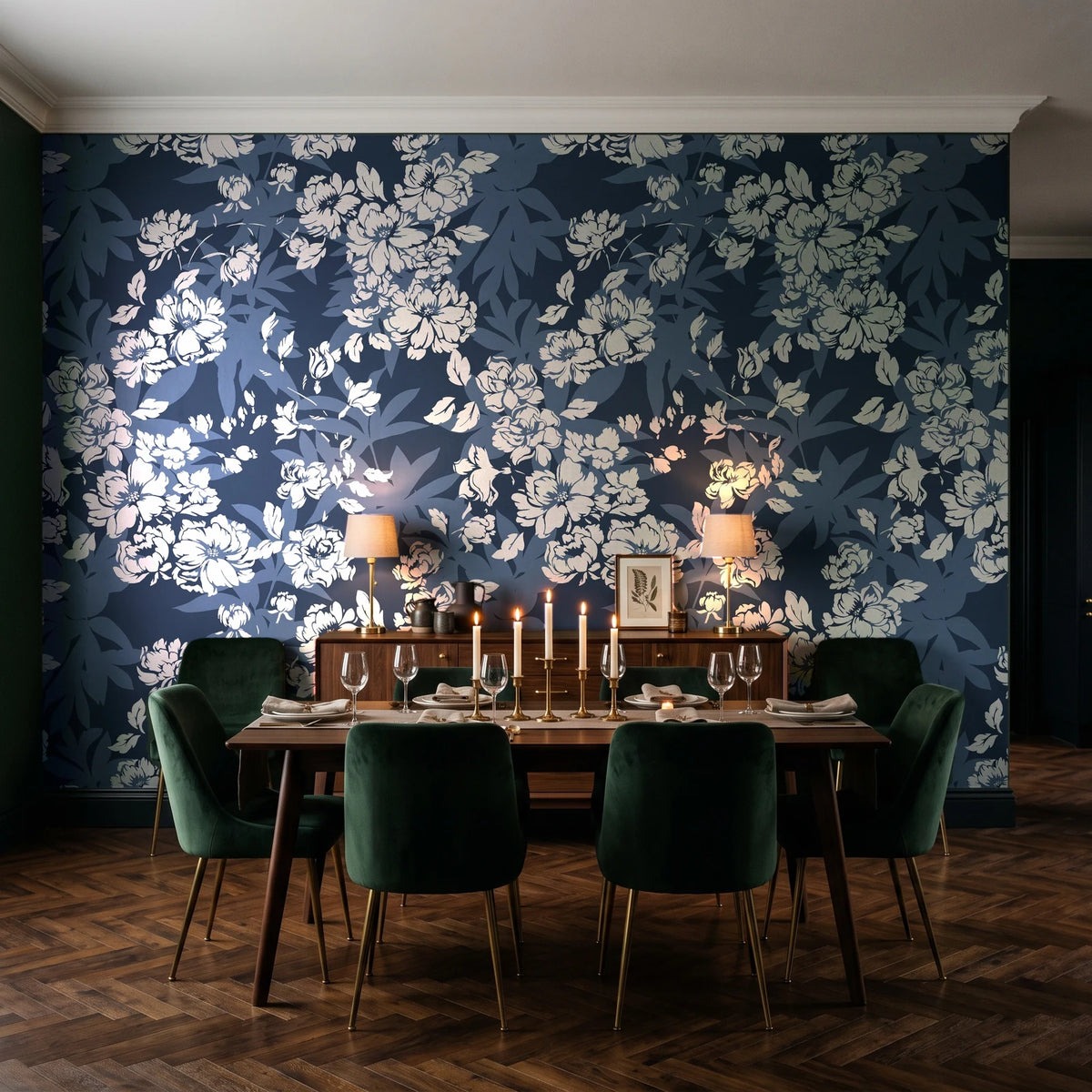Frost Garden Veil Slate floral wallpaper in a dark moody dining room with a candlelit table