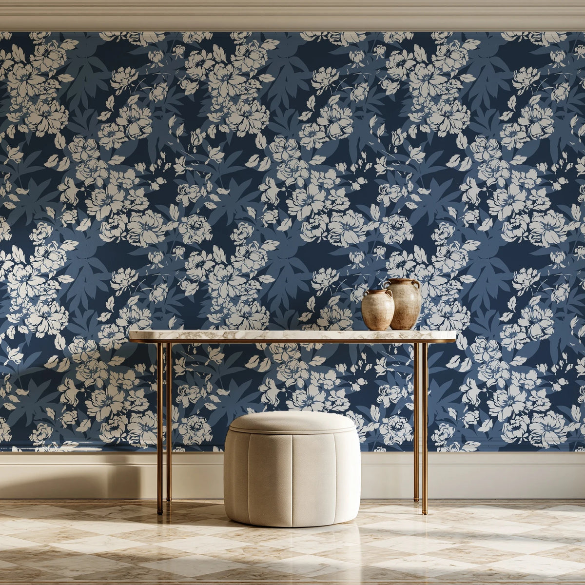 Frost Garden Veil Slate floral wallpaper on the wall of a grand entry foyer