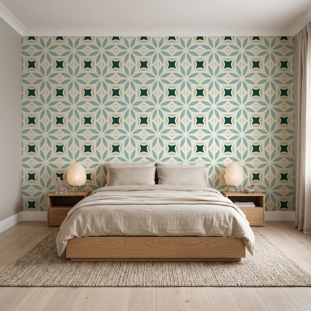 Frost Mosaic Emerald geometric tile wallpaper behind a low platform bed in a serene Japandi bedroom