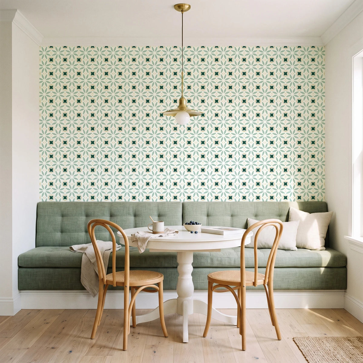 Frost Mosaic Emerald geometric tile wallpaper as a feature wall in a sunlit breakfast nook