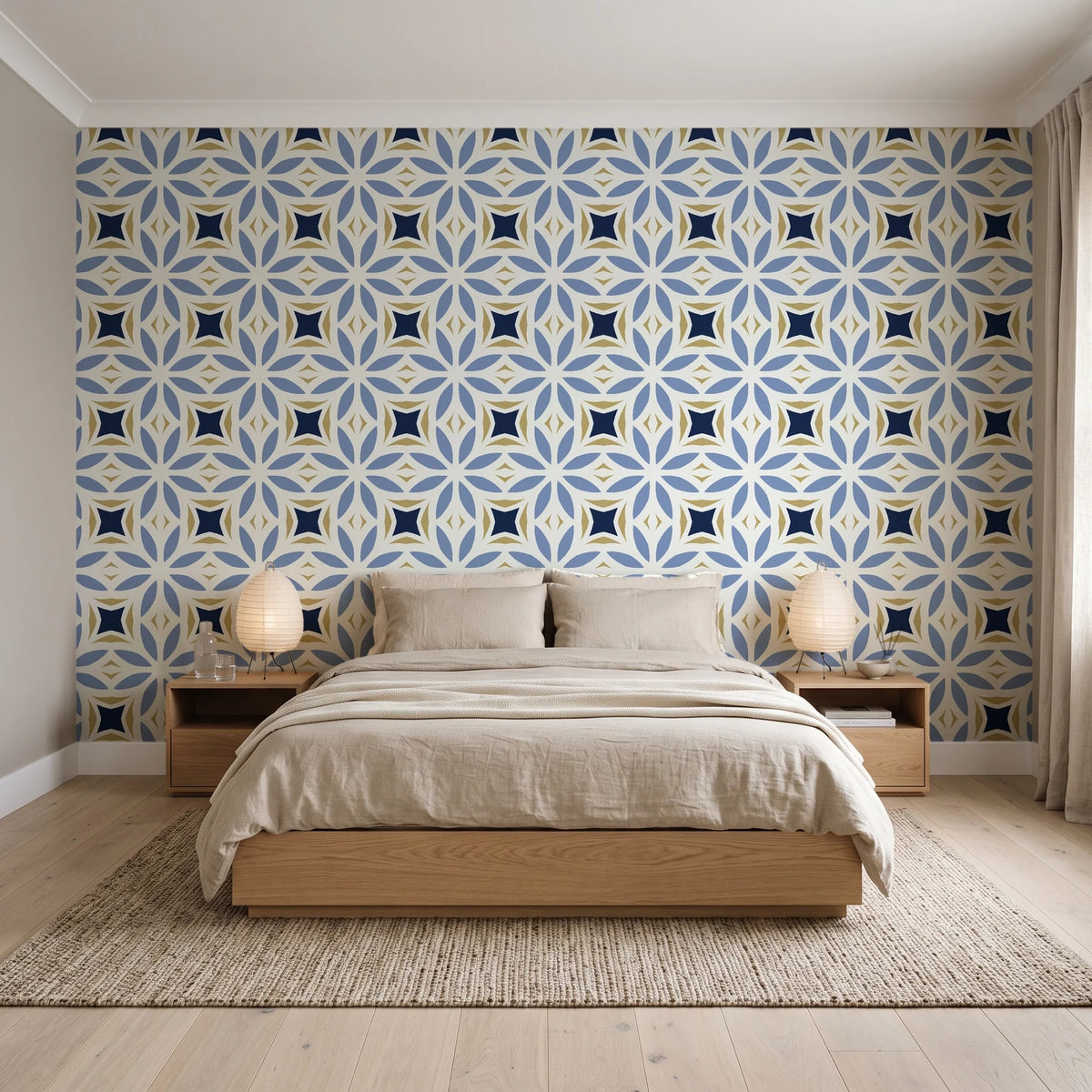 Frost Mosaic Midnight geometric tile wallpaper behind a low platform bed in a serene Japandi bedroom