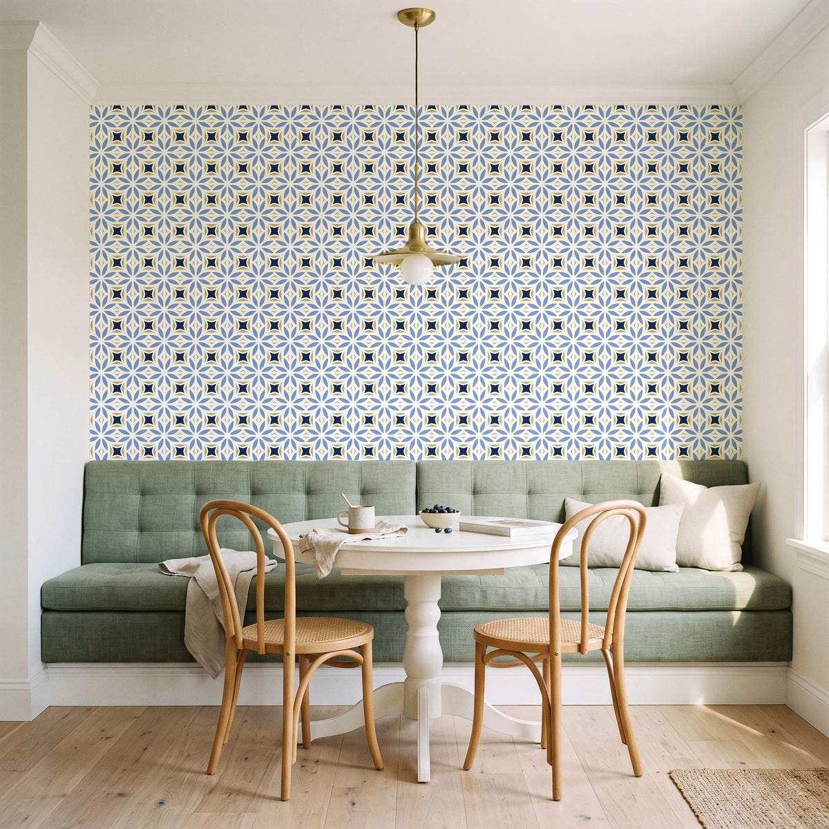 Frost Mosaic Midnight geometric tile wallpaper as a feature wall in a sunlit breakfast nook